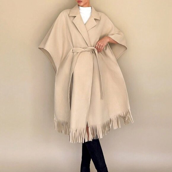 Khaki Elegant Women's Lapel Neck Knotted Waist Fringe Hem Overcoat - Picture 1 of 5